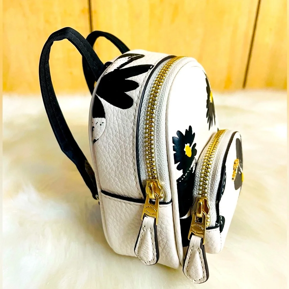 NWT Coach Brown Mini Court Backpack Bag Charm withh Floral Print